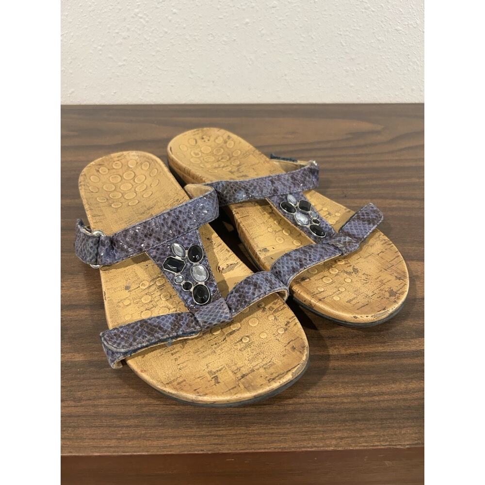 Vionic Viviana Sandals Womens Size 10 Wide Blue Snake Print Cork Jewels T Strap